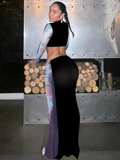 Two Long Women’s Neck Long Arm O Piece Skirt Patterned Set: Autumn Fashion T-shirt and Suit