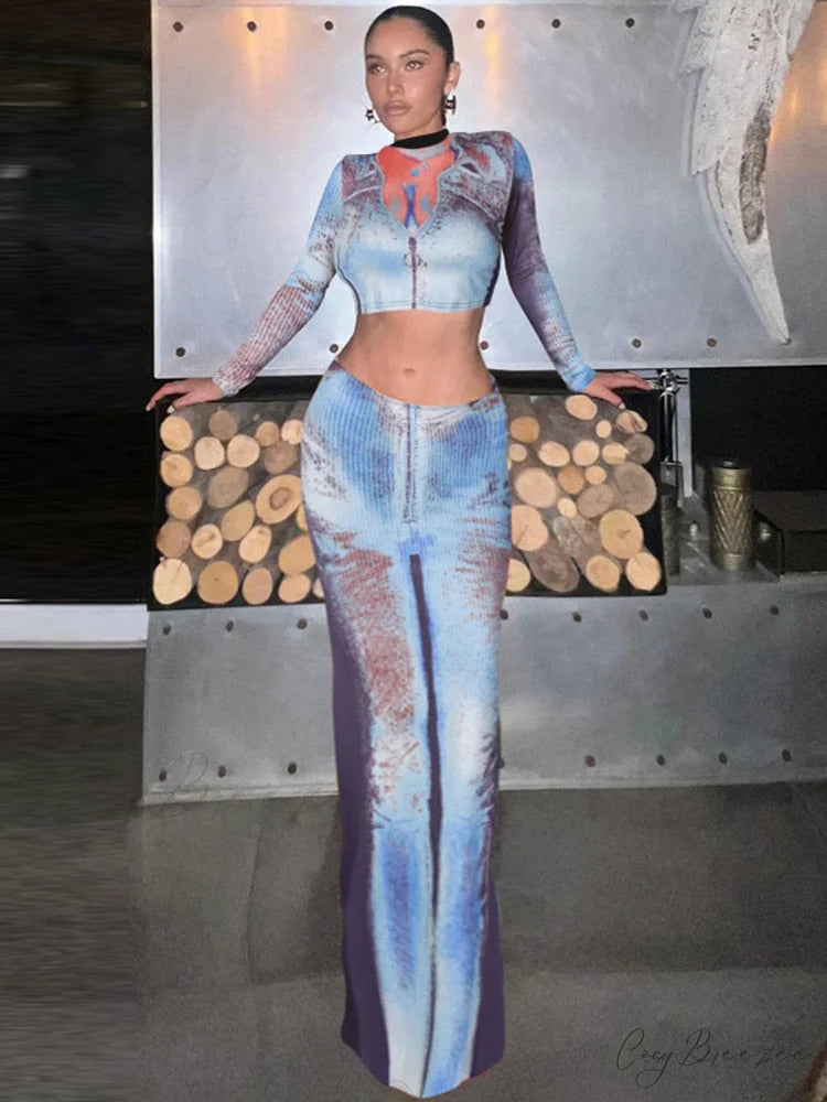 Two Long Women’s Neck Long Arm O Piece Skirt Patterned Set: Autumn Fashion T-shirt and Suit