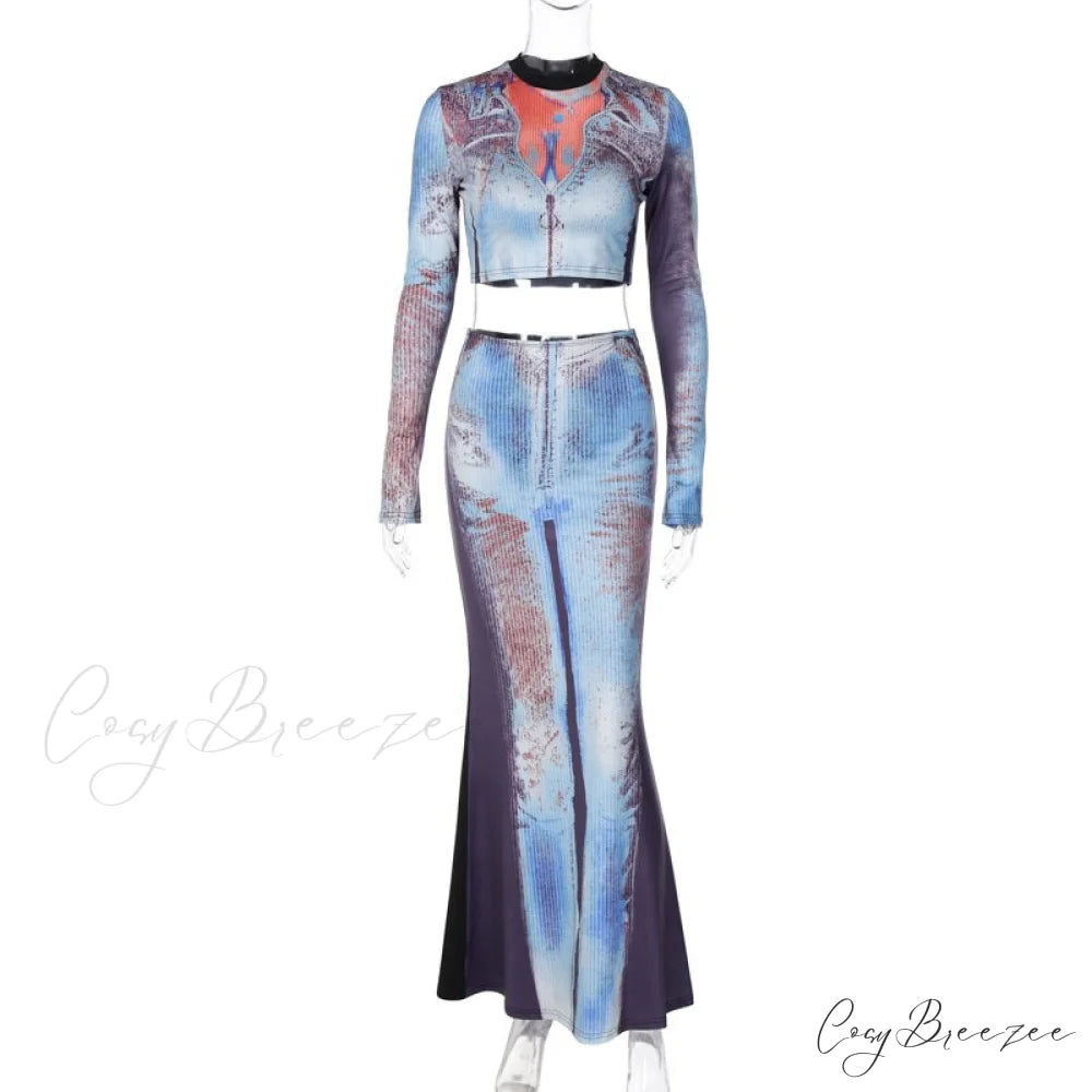 Two Long Women’s Neck Long Arm O Piece Skirt Patterned Set: Autumn Fashion T-shirt and Suit Blue / S