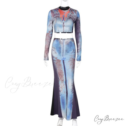 Two Long Women’s Neck Long Arm O Piece Skirt Patterned Set: Autumn Fashion T-shirt and Suit Blue / S