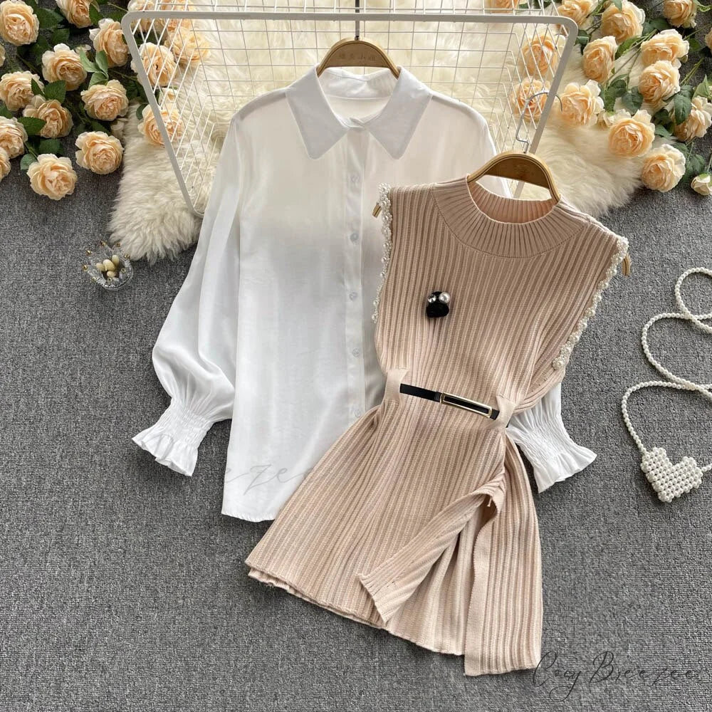 Two-Piece Blouse with Red Cotton Suit and White Sweater Vest White Women’s Spring Belt