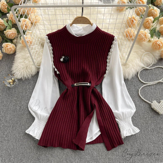 Two-Piece Blouse with Red Cotton Suit and White Sweater Vest White Women’s Spring Belt