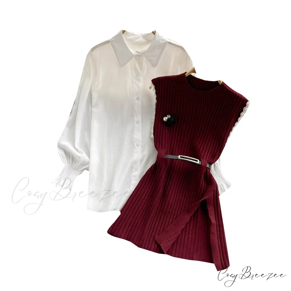 Two-Piece Blouse with Red Cotton Suit and White Sweater Vest White Women’s Spring Belt