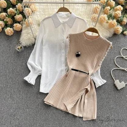 Two-Piece Blouse with Red Cotton Suit and White Sweater Vest White Women’s Spring Belt Apricot / One Size