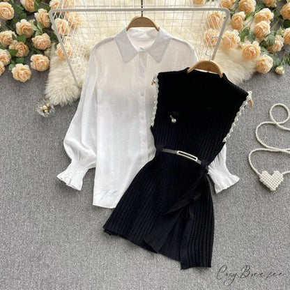 Two-Piece Blouse with Red Cotton Suit and White Sweater Vest White Women’s Spring Belt black / One Size