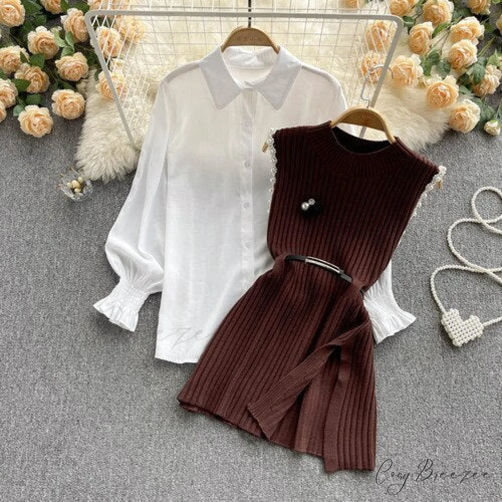 Two-Piece Blouse with Red Cotton Suit and White Sweater Vest White Women’s Spring Belt coffee / One Size