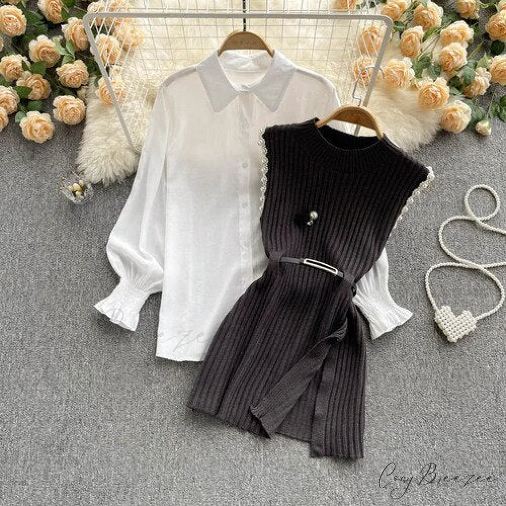 Two-Piece Blouse with Red Cotton Suit and White Sweater Vest White Women’s Spring Belt Gray / One Size
