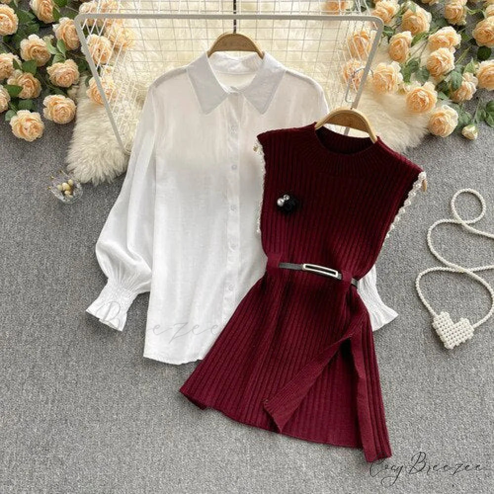 Two-Piece Blouse with Red Cotton Suit and White Sweater Vest White Women’s Spring Belt Red / One Size