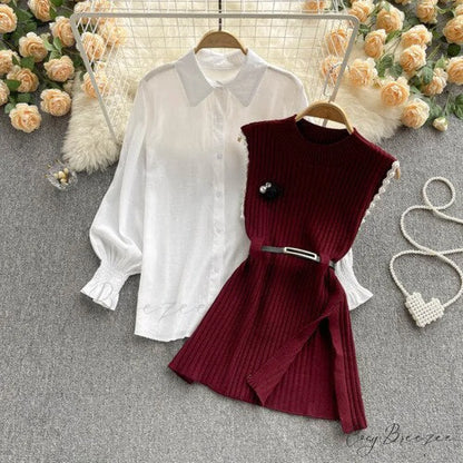 Two-Piece Blouse with Red Cotton Suit and White Sweater Vest White Women’s Spring Belt Red / One Size