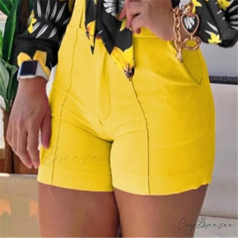 Two Piece Suit Set Shirts Women’s Leisure Long Shorts Patterned Arm Warm-Season High Waist Outfits