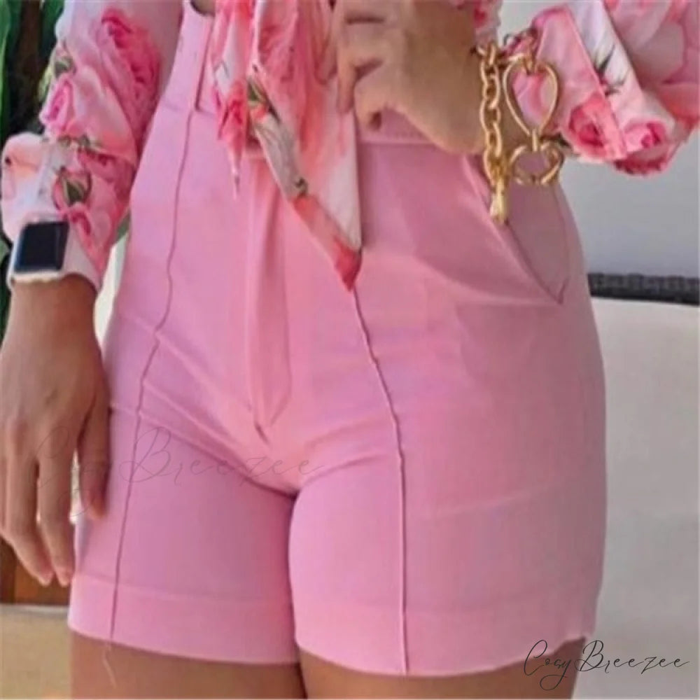 Two Piece Suit Set Shirts Women’s Leisure Long Shorts Patterned Arm Warm-Season High Waist Outfits