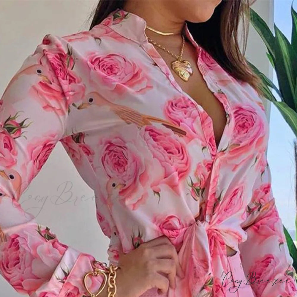 Two Piece Suit Set Shirts Women’s Leisure Long Shorts Patterned Arm Warm-Season High Waist Outfits