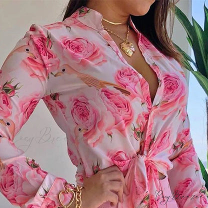 Two Piece Suit Set Shirts Women’s Leisure Long Shorts Patterned Arm Warm-Season High Waist Outfits
