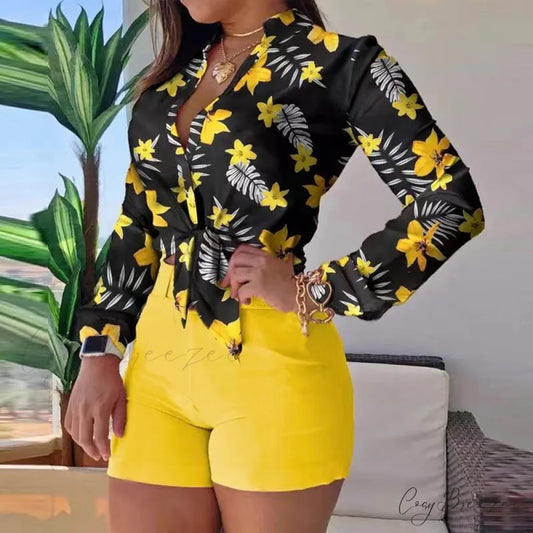 Two Piece Suit Set Shirts Women’s Leisure Long Shorts Patterned Arm Warm-Season High Waist Outfits Black sets / S