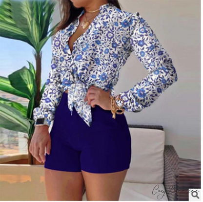 Two Piece Suit Set Shirts Women’s Leisure Long Shorts Patterned Arm Warm-Season High Waist Outfits Blue sets / S