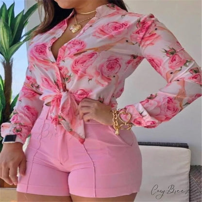 Two Piece Suit Set Shirts Women’s Leisure Long Shorts Patterned Arm Warm-Season High Waist Outfits Pink sets / S
