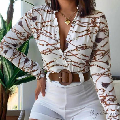 Two Piece Suit Set Shirts Women’s Leisure Long Shorts Patterned Arm Warm-Season High Waist Outfits White sets / S