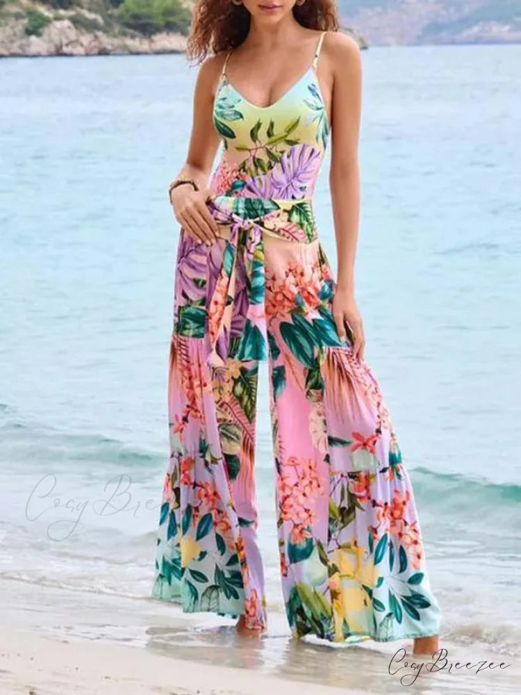 U-Neck Print Swimsuit Long Pants onepiece-250223