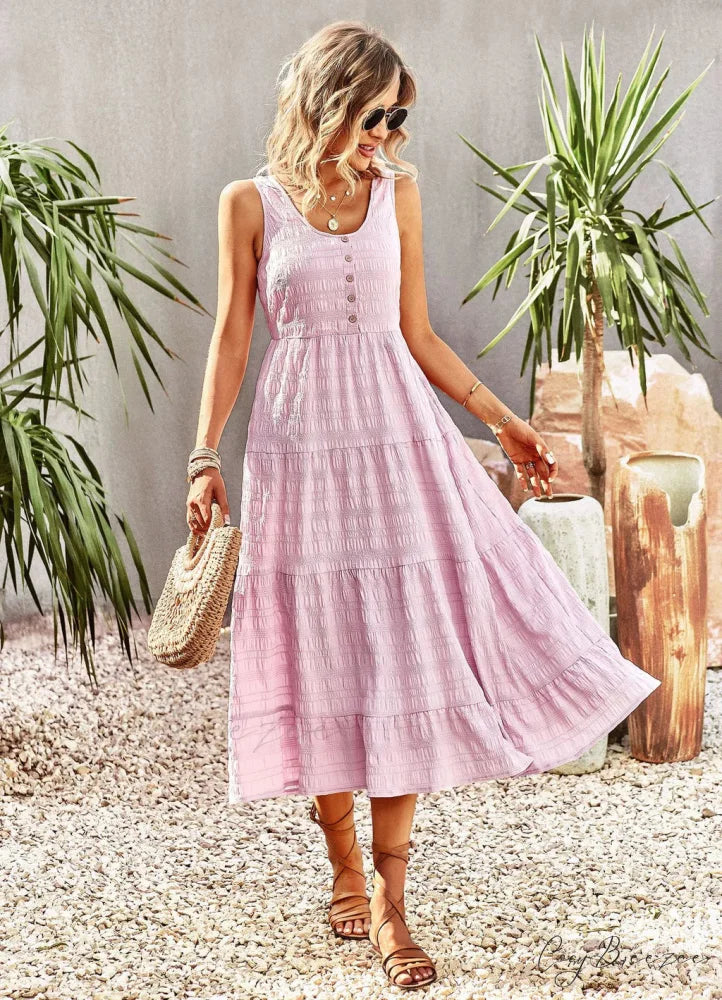 U-Neck Solid Color Dress with Strap L / white