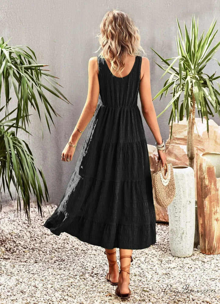 U-Neck Solid Color Dress with Strap M / blue