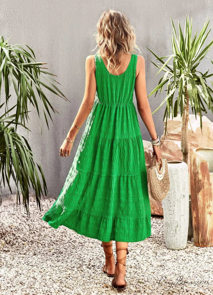 U-Neck Solid Color Dress with Strap S / blue