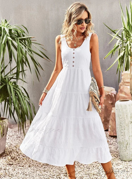 U-Neck Solid Color Dress with Strap S / white