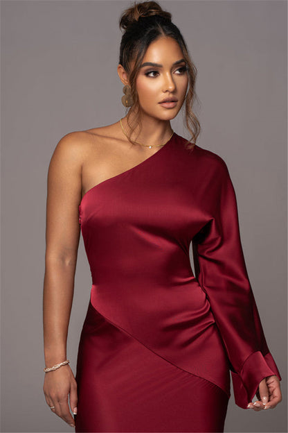 Valerie Satin One Shoulder Sexy Maxi Dress