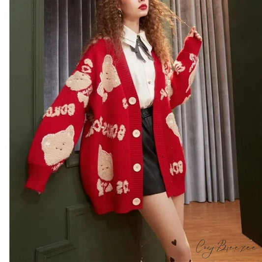 Ugly Christmas Vintage Y2K Knit Cardigan Red / free size (50-80kg)