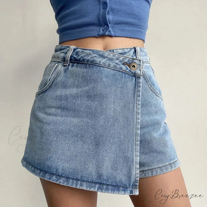 Uneven High Waist Denim Skirt Blue / S skirts-250223