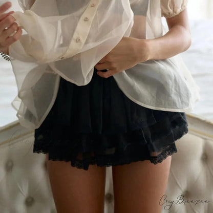 Uneven Lace Mixed Skirt Black / S skirts-250223