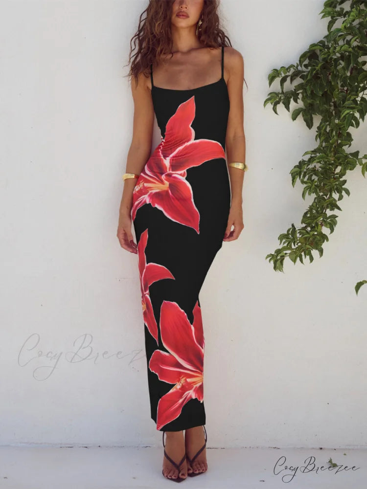 Unforgettable Abstract Floral Charming Print Maxi Dress Black / S