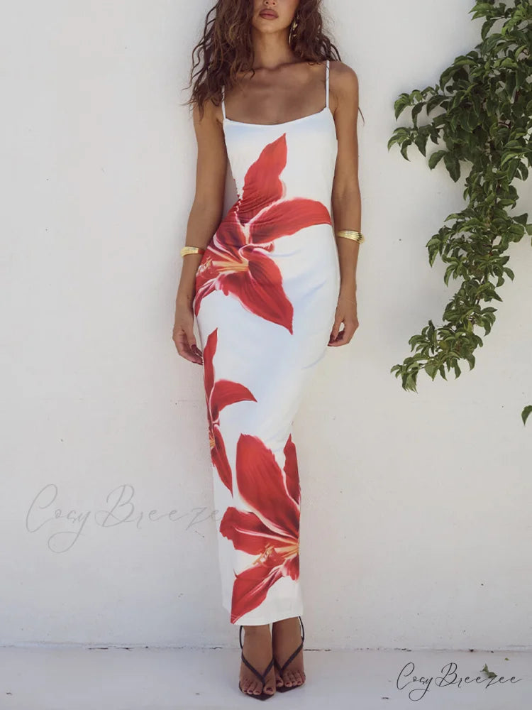 Unforgettable Abstract Floral Charming Print Maxi Dress White / S