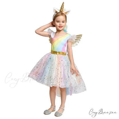 Unicorn Dress Girls Rainbow Princess Dance Ball Birthday Party Halloween Cosplay Costume Kid Costume