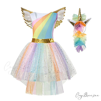 Unicorn Dress Girls Rainbow Princess Dance Ball Birthday Party Halloween Cosplay Costume Kid Costume 3-4T / Set A