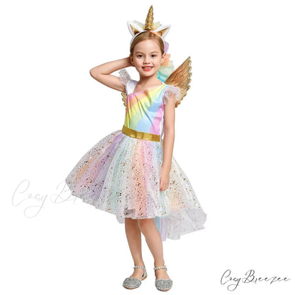 Unicorn Dress Girls Rainbow Princess Dance Ball Birthday Party Halloween Cosplay Costume Kid Costume