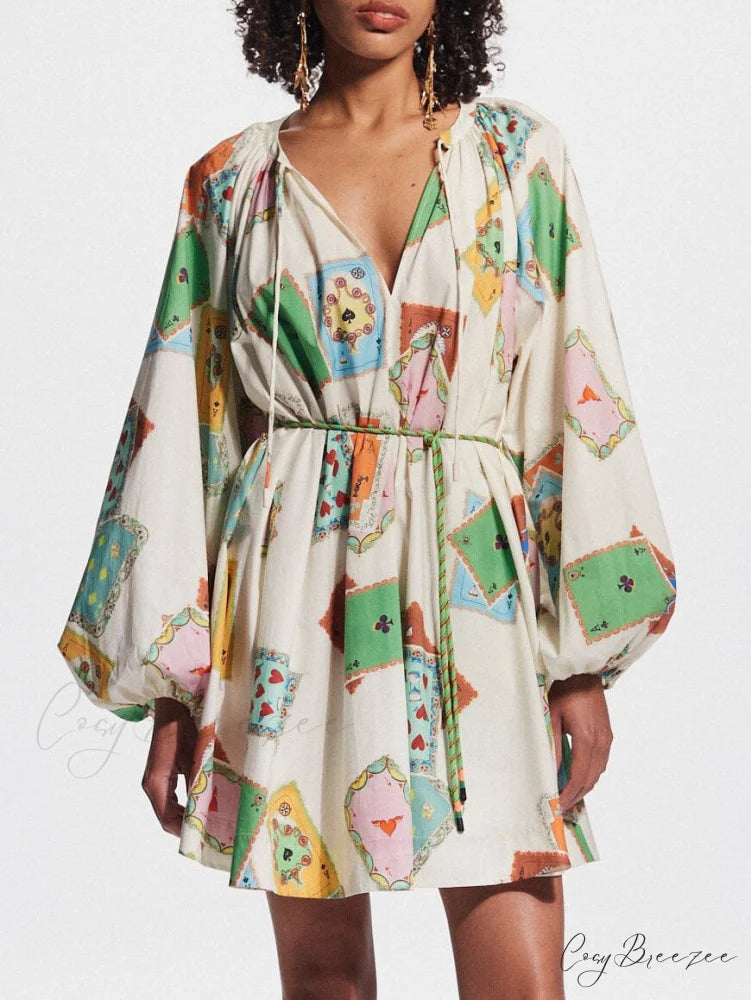 Unique Art Print Bubble Graceful Long Sleeve Versatile Mini Dress White / S