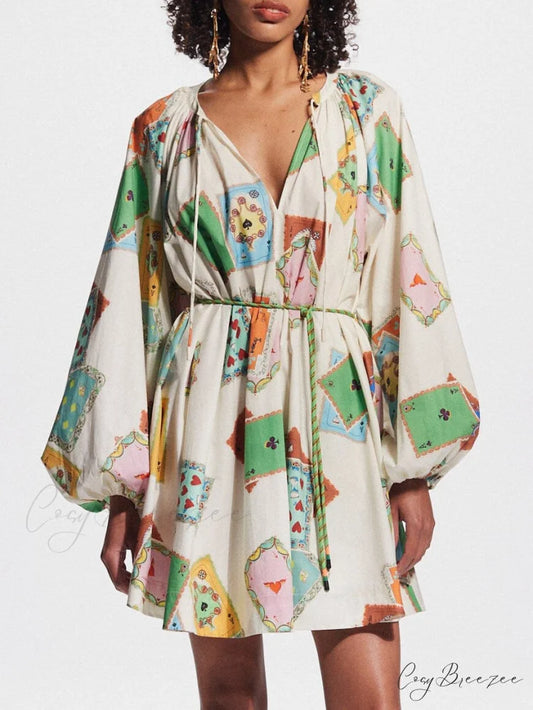 Unique Art Print Bubble Graceful Long Sleeve Versatile Mini Dress White / S