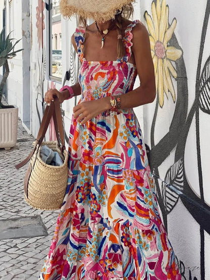 Unique Beach Vacation Charming Printed Halter Hem Dresses Flower / S