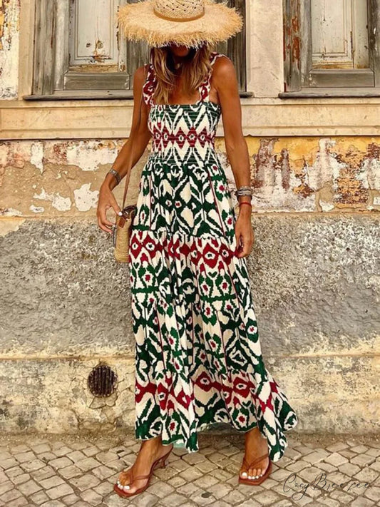 Unique Beach Vacation Charming Printed Halter Hem Dresses Green / S