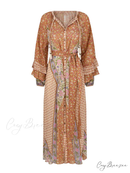 Unique Bohemian Print Long Graceful Sleeve Robe Midi Dress