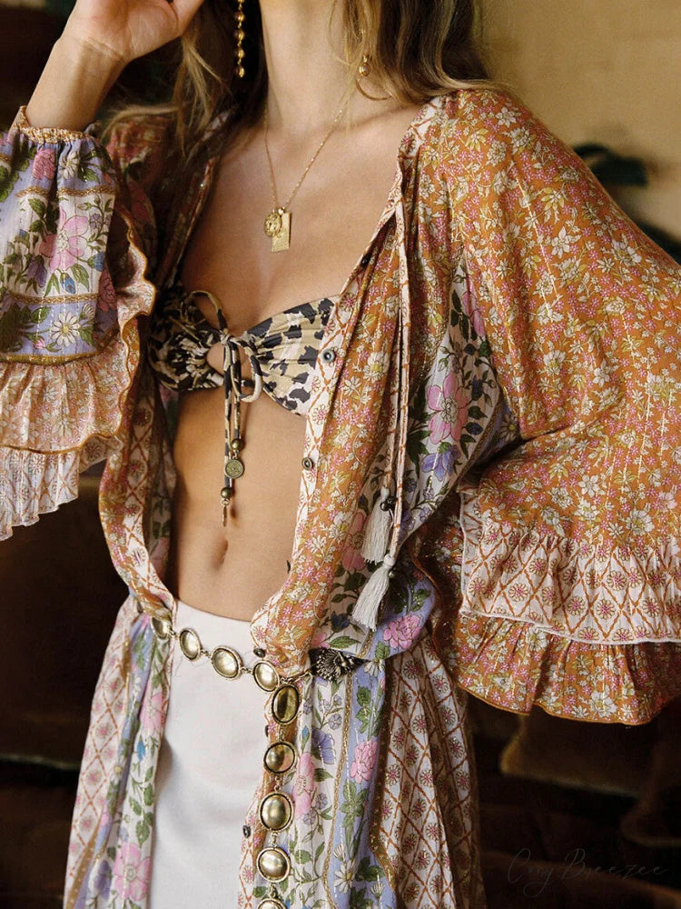 Unique Bohemian Print Long Graceful Sleeve Robe Midi Dress