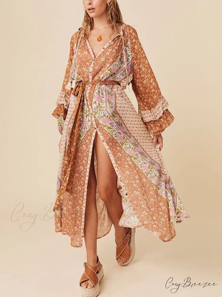 Unique Bohemian Print Long Graceful Sleeve Robe Midi Dress Multicolor / S