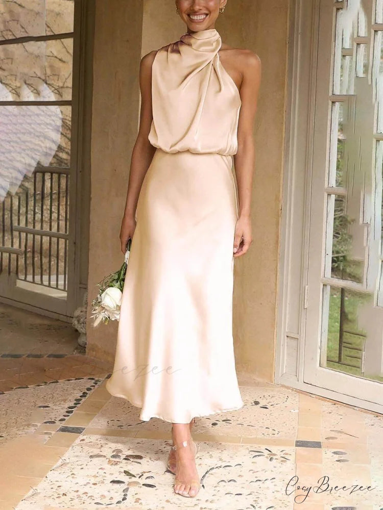 Unique Bridesmaid Sleeveless Charming High Neck Midi Dresses Apricot / S
