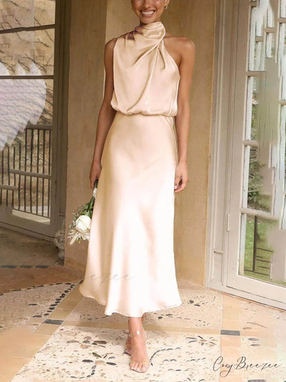 Unique Bridesmaid Sleeveless Charming High Neck Midi Dresses Apricot / S