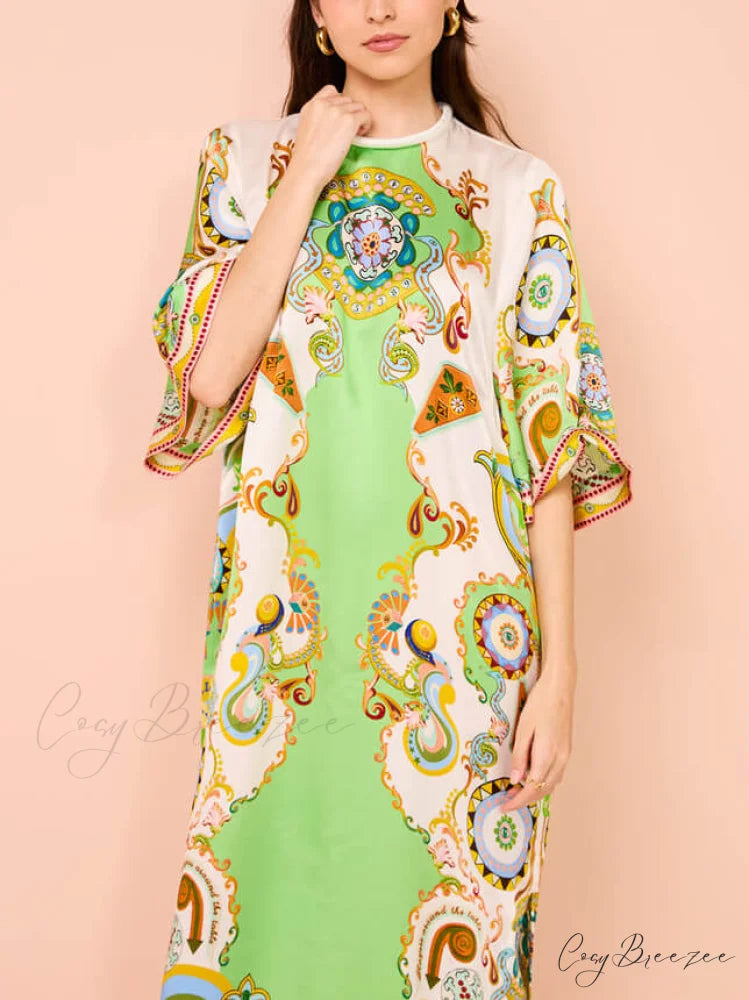 Unique Cashew Floral Charming Print Loose Midi Dress