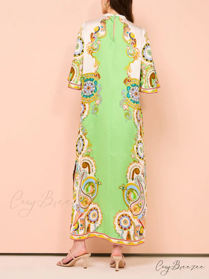 Unique Cashew Floral Charming Print Loose Midi Dress
