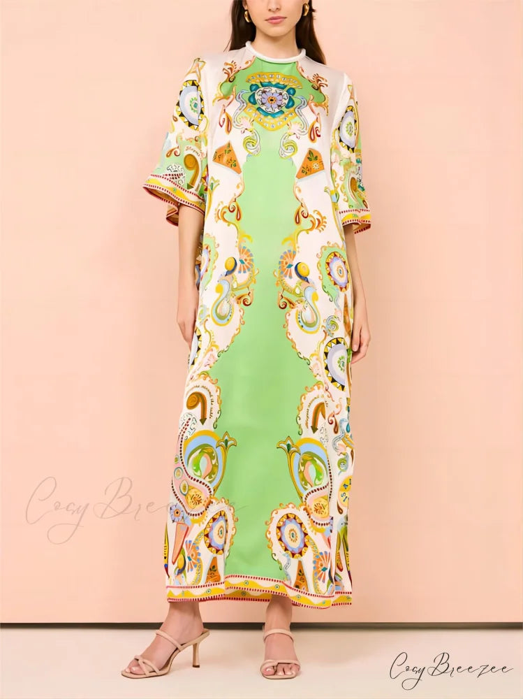 Unique Cashew Floral Charming Print Loose Midi Dress