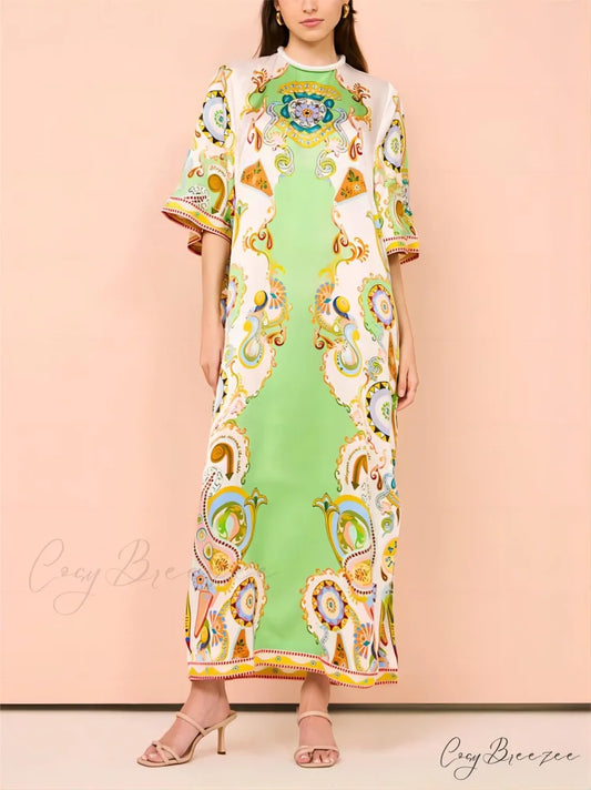 Unique Cashew Floral Charming Print Loose Midi Dress