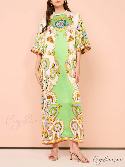 Unique Cashew Floral Charming Print Loose Midi Dress Multi-Color / S
