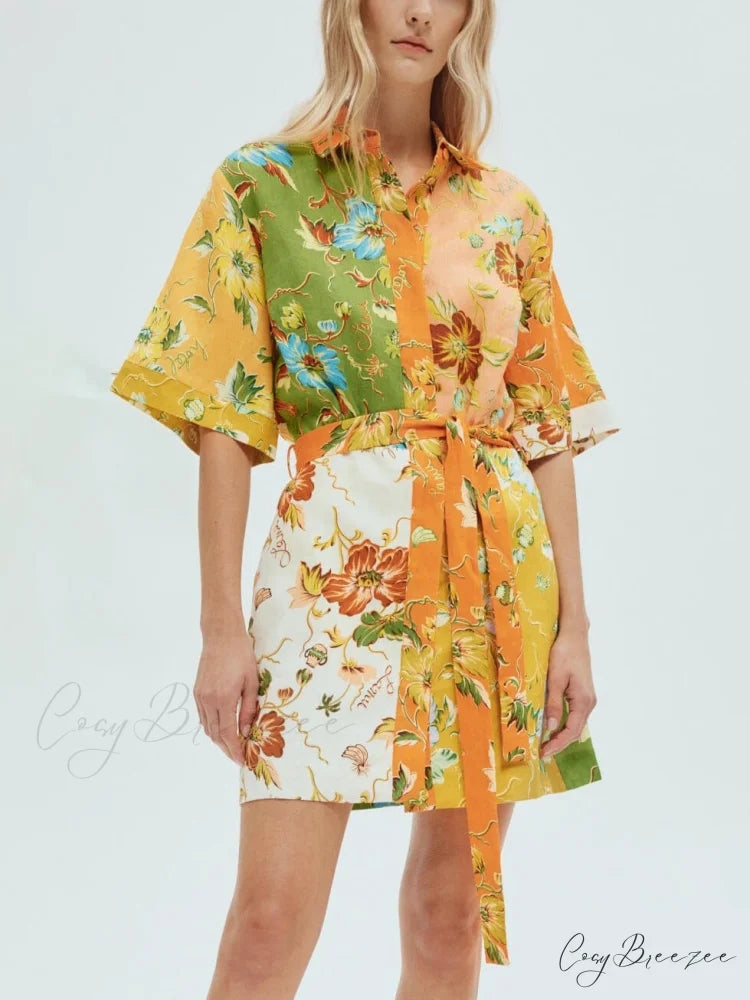Unique contrasting floral Charming print mini dress Multicolor / S